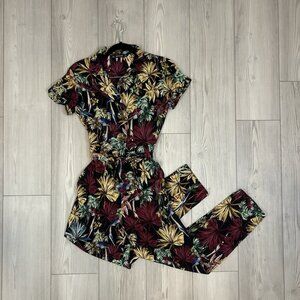 Zara Basic Tropical Print Jumpsuit with‎ Belt, Short Sleeve, Size XS